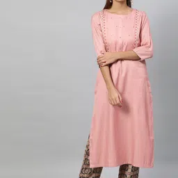 STREET 9 Women Peach-Coloured & Beige Embroidered Kurta with Trousers image 1