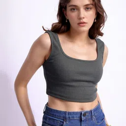 DressBerry Women Square Neck Ribbed Cotton Tank Crop Top-image-52