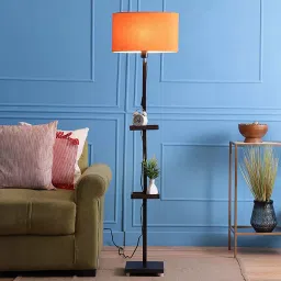 Sanded Edge Orange Miller Double Shelf Floor Lamp in Solid Wood with Natural Wood Color Base image 3