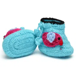 MayRa Knits Hand Knitted Bird Detailed Tie Up Booties - Blue-image-83