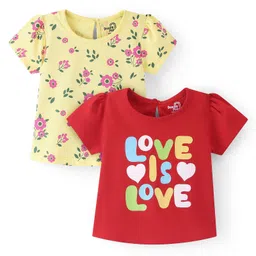 Doodle Poodle 100% Cotton Half Sleeves Floral & Text Printed Tops Pack of 2 - Red & Yellow-picture-19