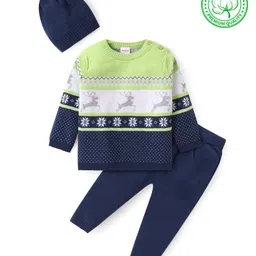 Babyhug Knitted Full Sleeves Intarsia & Deer Designed Pullover Sweater Set with Cap - Navy Blue Green & White-picture-15