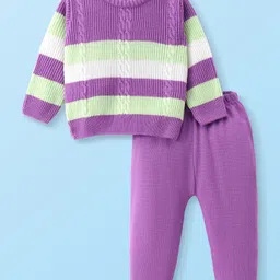 Doodle Poodle Knitted Full Sleeves Striped Sweater Set with Cable Knit Design - Lavender & Lime Green-picture-23