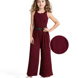 Arias Cotton Waffle Knit Solid Color Jumpsuit with Front Open Zipper & Belt - Maroon-image-2