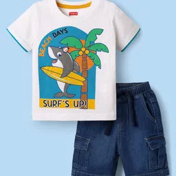 Babyhug Single Jersey Knit Half Sleeves T-Shirt & Denim Shorts Set with Beach Theme Print - White & Blue-picture-11