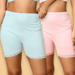 The Mom Store Cotton Pack Of 2 Solid High Waist Maternity Shorts - Blue & Pink-image-73