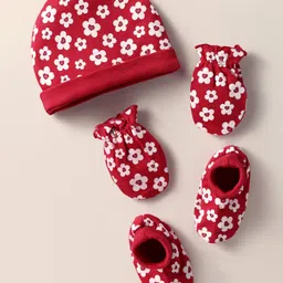Babyhug 100% Cotton Knit Cap Mittens & Booties Set with Floral Print Red - Diameter 10 cm-image-22