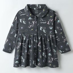 CUCUMBER Sinker Knit Full Sleeves Unicorn & Space Theme Printed Shirt Dress With Collar Neck - Charcoal Grey-picture-47