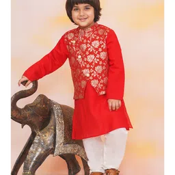 KID1 Jacquard Woven Full Sleeves Solid Kurta With Floral Foil Printed Attached Jacket & Pyjama Set - Red-picture-30