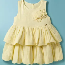ToffyHouse Cotton Woven Sleeveless Layered Solid Color Frock with Floral Applique - LIght Yellow-image-0