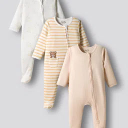 Bonfino 100% Cotton Knit Full Sleeves Footed Sleepsuit with Stripes & Teddy Print & Embroidery Pack of 3- Offwhite & Yellow-picture-12
