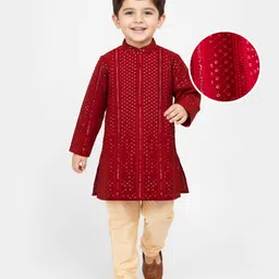 Babyhug Cotton Blend Woven Full Sleeves Kurta Pajama Set with Embroidery & Sequin Detailing - Maroon-picture-26
