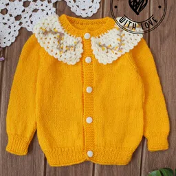 Woonie Hand Knit Full Sleeves Peter Pan Collar Solid Sweater - Yellow-image-2