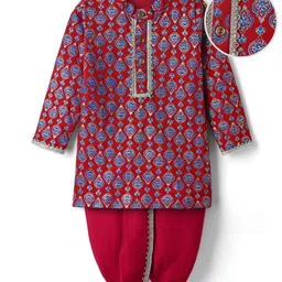 EARTHY TOUCH Single Jersey Knit Mandarin Collar Full Sleeves Kurta Dhoti Set with Floral Foil Print & Lace Detailing - Red image 2