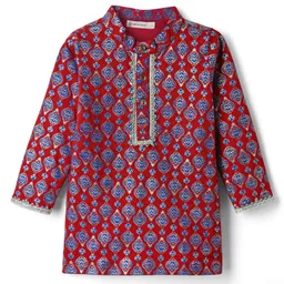 EARTHY TOUCH Single Jersey Knit Mandarin Collar Full Sleeves Kurta Dhoti Set with Floral Foil Print & Lace Detailing - Red image 3