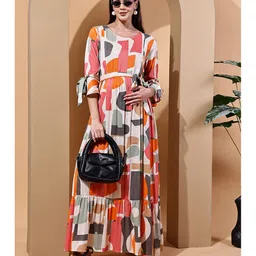 Moms Maternity Cotton Woven Three Fourth Sleeves Geometeric Printed Maternity Dress With Concealed Front Zippers Nursing Access - Grey image 4