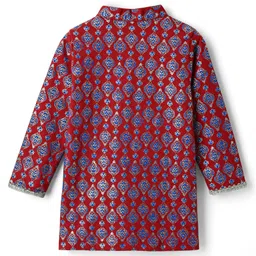 EARTHY TOUCH Single Jersey Knit Mandarin Collar Full Sleeves Kurta Dhoti Set with Floral Foil Print & Lace Detailing - Red image 4