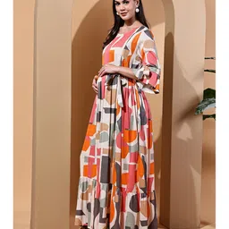 Moms Maternity Cotton Woven Three Fourth Sleeves Geometeric Printed Maternity Dress With Concealed Front Zippers Nursing Access - Grey image 5