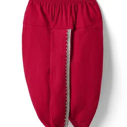 EARTHY TOUCH Single Jersey Knit Mandarin Collar Full Sleeves Kurta Dhoti Set with Floral Foil Print & Lace Detailing - Red image 5