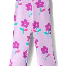 Bonfino 100% Cotton Knit Full Sleeves Oversized T-Shirt & Widelegged Leggings Co-Ord Set with Floral Print - Lilac image 5