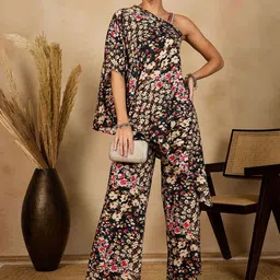 WineRed Printed One-Shoulder Tunic & Trouser Co-Ords-image-76