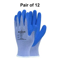 Karam Safety Hand Gloves Polycotton Blue & Blue Natural Latex Coating 10 Gauge Size L, HS 03 (Pack of 12 Pair) image 3