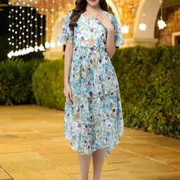 CORSICA Floral Print Flared Sleeve Ruffled Crepe Fit & Flare Midi Dress-picture-17