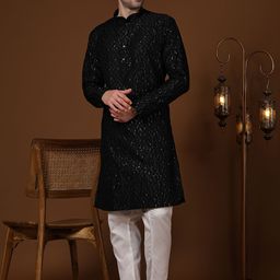 Pro-Ethic STYLE DEVELOPER Men Embroidered Angrakha Sequinned Pure Cotton Kurta with Pyjamas-picture-13