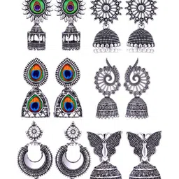 Sangria Set Of 6 Silver-Plated Stones-Studded & Beaded Oxidized Jhumka Earrings-image-65