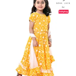 Babyhug Pufffed Sleeves Georgette Choli Lehenga & Frilled Dupatta Set Floral Embroidered -Yellow-picture-26