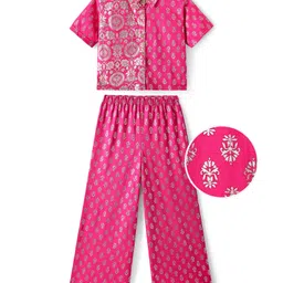 EARTHY TOUCH Single Jersey Knit Half Sleeves Floral Foil Printed Shirt Style Top & Palazzo Indo Western Set - Dark Pink-picture-25