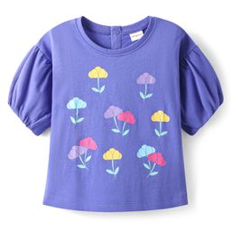 Babyhug Cotton Knit Half Puffed Sleeves Top With Floral Print - Blue-picture-1