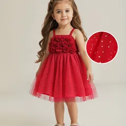 Babyhug Woven Sleeveless Party Dress With Floral Corsage & Glitter Print - Red image 1