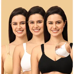The Mom Store Cotton Elastane Pack Of 3 Sleeveless Solid Nursing & Feeding Non Padded Bra - Black Beige & White-picture-26