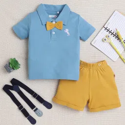 BUMZEE Cotton Knit Half Sleeves Horse Embroidered T-Shirt & Short Set With Suspender Bow - Blue & Mustard-picture-25