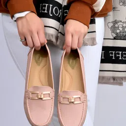 Shoetopia Metal Applique Detailed Colour Blocked Slip On Loafers - Peach-picture-15