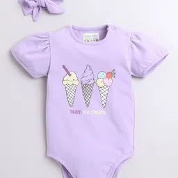 Polka Tots Cotton Knit Half Puffed Sleeves Ice Cream Printed Onesie With Headband Set - Purple-image-60