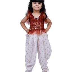 Twisha Woven Sleeveless Leopard & Whales Foil Printed Top With Dhoti Set - Brown & White-picture-7