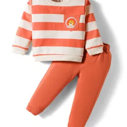 ToffyHouse Knitted Full Sleeves T-Shirt & Joggers Set with Stripes & Animal Print - Coral & White-picture-13