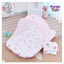 Purple Tots Muslin Baby Bedding Set & Mosquito Net with Aeroplane Design - White & Pink-image-1