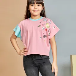 Peppermint Knitted Knit Half Sleeves Happy Text Printed Colour Blocked Top - Pink-image-4