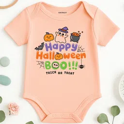 KNITROOT Halloween Theme Cotton Lycra Knit Half Sleeves Happy Halloween Boo Text Printed Onesie - Peach-picture-17