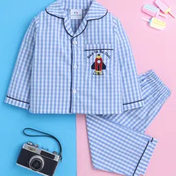 Knitting Doodles Pure Cotton Woven Blue and White Checks Full Sleeves Nightsuit with Rocket Embroidery on the Pocket Blue and White-picture-25