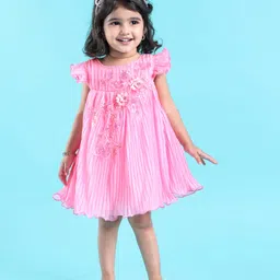 Babyhug Flutter Sleeves Pleated A Line Party Frock With Floral Embroidery- Pink image 2