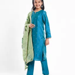 Pine Kids Woven Full Sleeves Kurti & Chudidar with Dupatta & Sequin Detailing - Teal Blue image 2