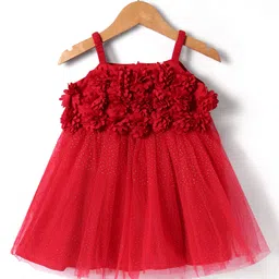 Babyhug Woven Sleeveless Party Dress With Floral Corsage & Glitter Print - Red image 2