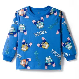Mark & Mia Interlock Knit Full Sleeves Co-Ord Winter Nightsuit with Vehicle Print - Blue image 2