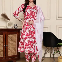KALINI Floral Printed V-Neck A-Line Kurta With Trousers & Dupatta-image-82