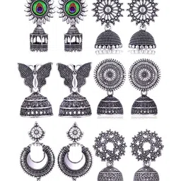 Sangria Set Of 6 Silver-Plated Stones-Studded & Beaded Oxidized Jhumka Earrings-image-86