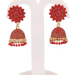 VIKESA Gold-Plated Kundan Studded & Artificial Beaded Dome Shaped Jhumkas image 3